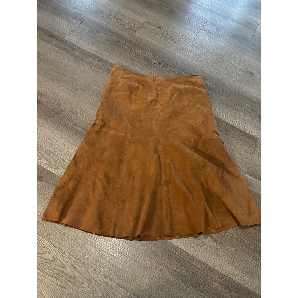 VS2 by Vakko Tan Brown 100% Goat Suede Midi Skirt Size 8 A-Line Paneled Boho